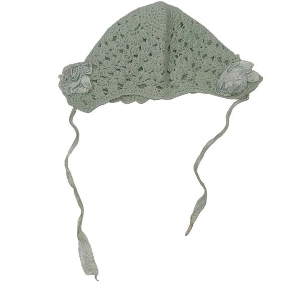 Antique Handknit Baby Hat Blue Satin Ribbon Bows Tie Newborn Small Scalloped - Picture 4 of 10